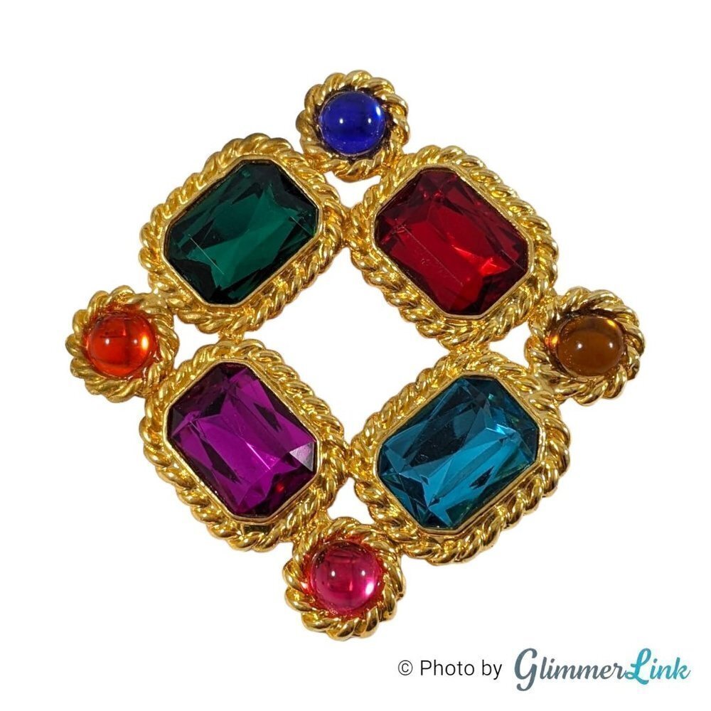 Contemporary Multicolor Rhinestone Open Square Gold Tone Brooch